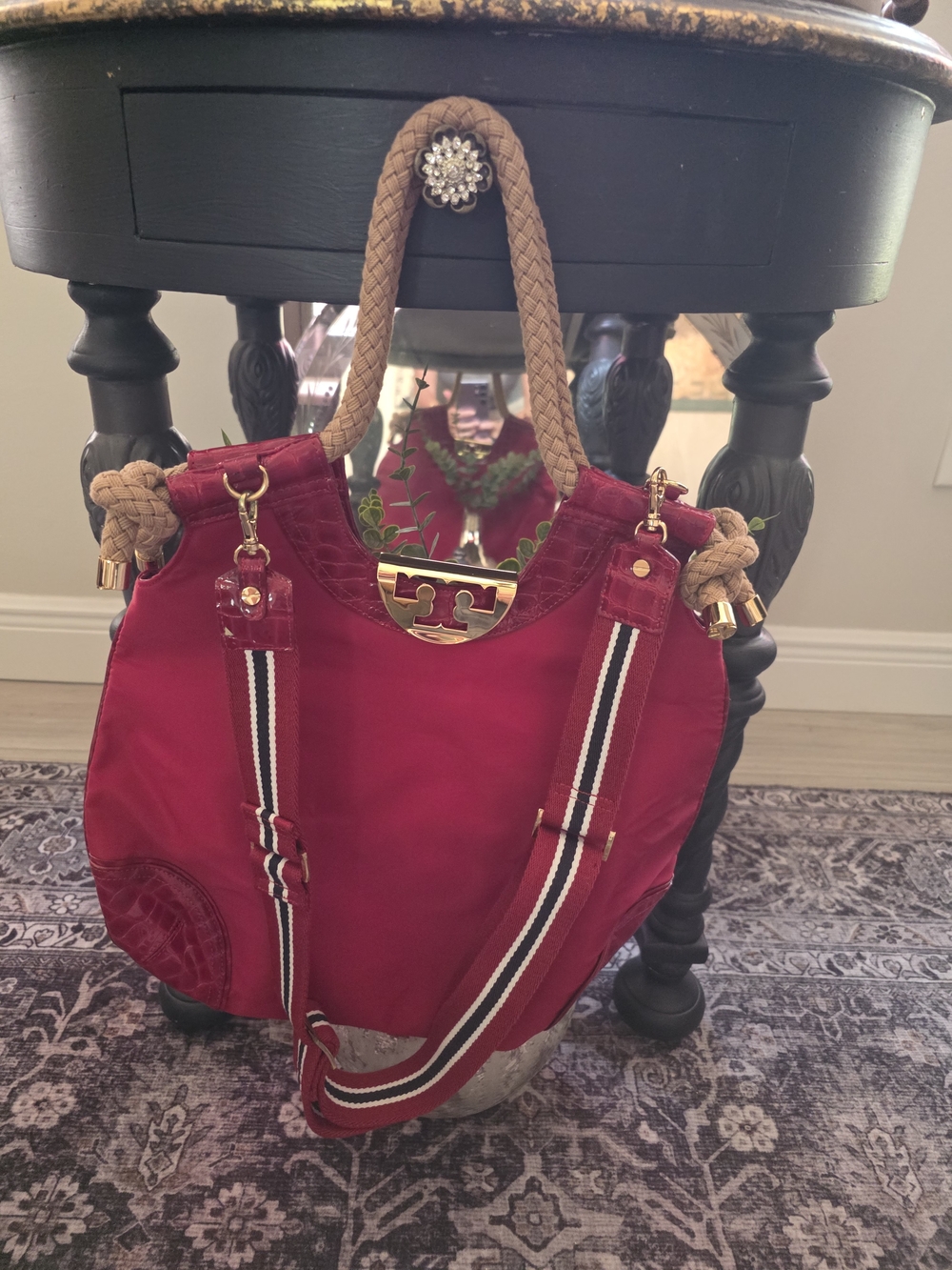Tory Burch Red Nylon Shoulder Tote with Braided Rope Handles